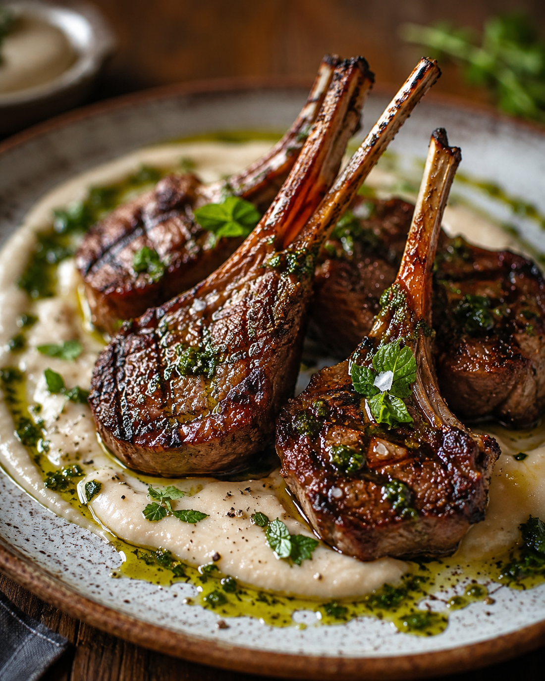 Grilled Lamb Chops with Herb Oil & White Bean Purée