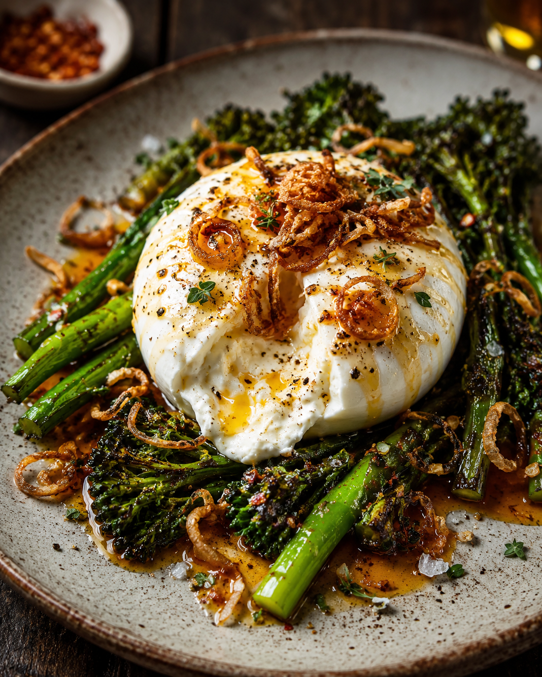 Charred Broccolini & Burrata with Crispy Shallots & Hot Honey