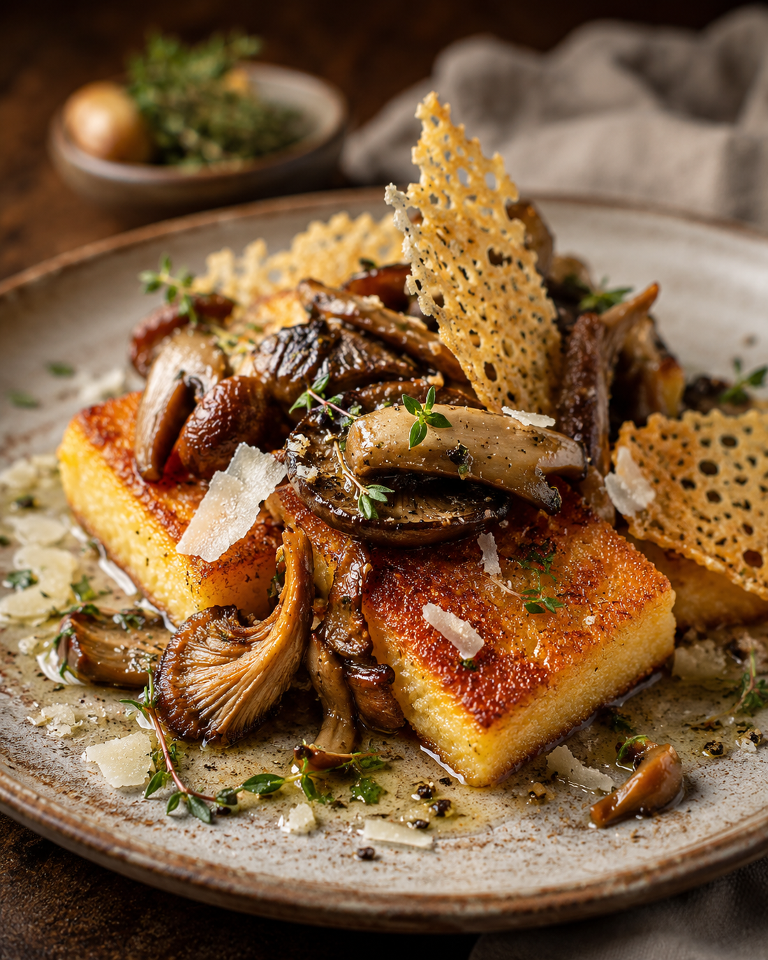 Crispy Polenta with Wild Mushrooms, Thyme & Parmesan Crisps