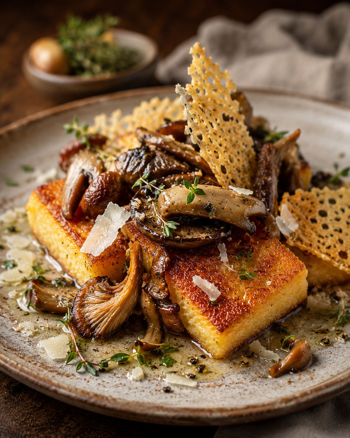 Crispy Polenta with Wild Mushrooms, Thyme & Parmesan Crisps
