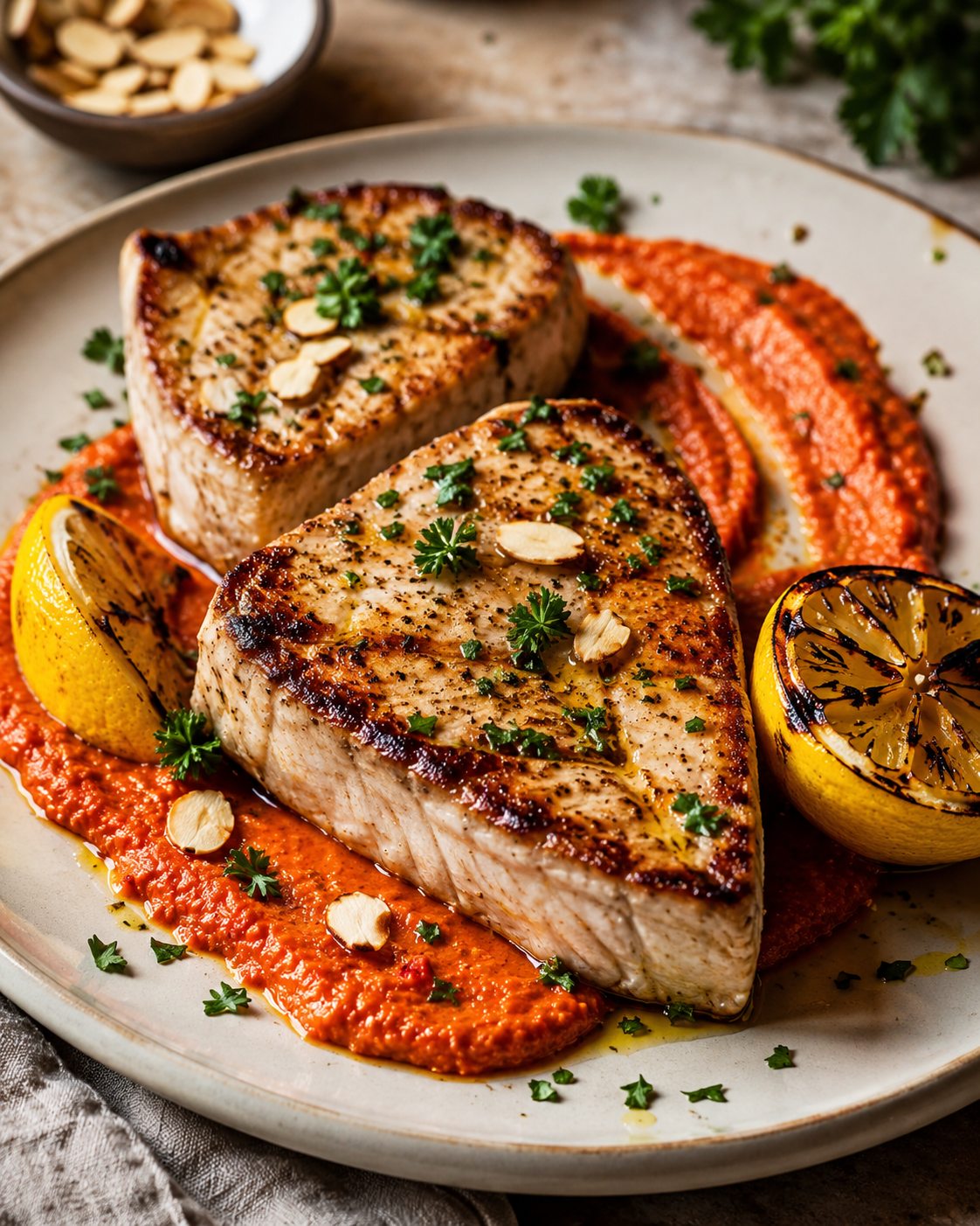 Swordfish Steaks with Charred Lemon & Romesco
