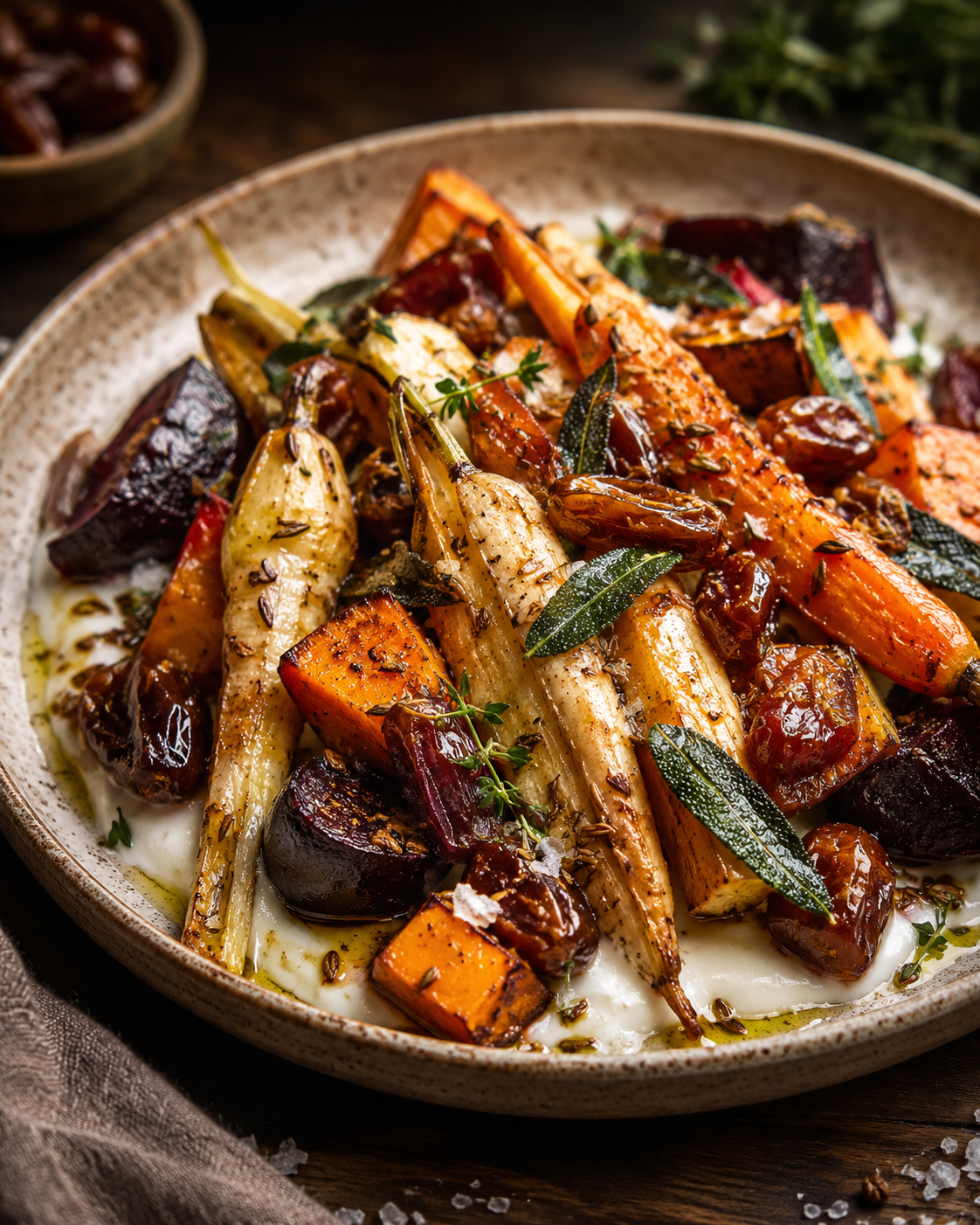 Roasted Root Vegetables with Cumin, Dates & Crispy Sage
