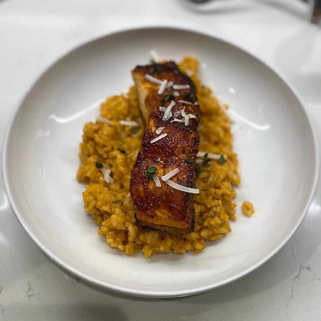 Coconut Curry Risotto with Crispy Salmon - Aroma Culinary