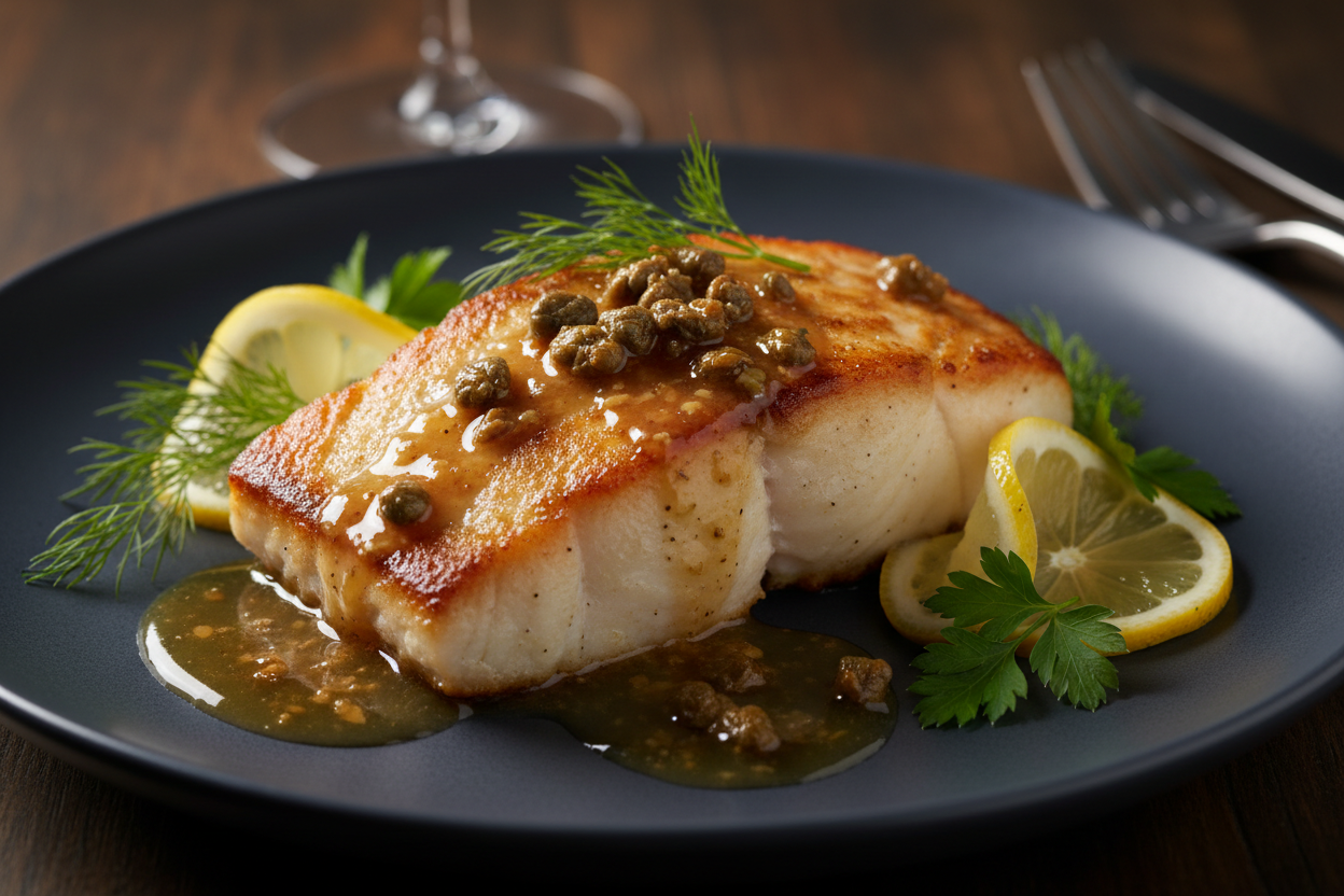 Pan-Seared Halibut with Lemon Brown Butter &amp; Crispy Capers