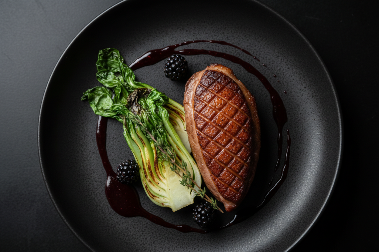 Seared Duck Breast with Blackberry Gastrique & Charred Bok Choy